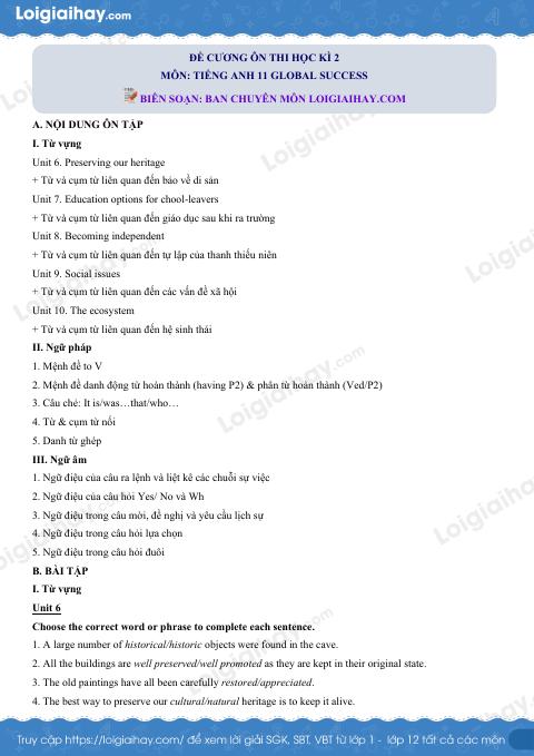 Đề cương ôn tập HK2 tiếng Anh 11 global success có đáp án